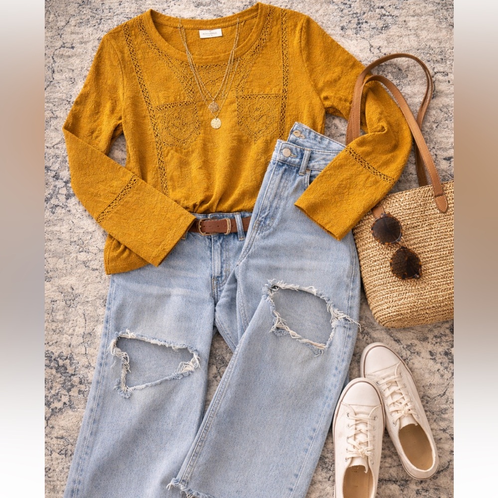 Anthropologie Boho Mustard Lace long sleeved tee